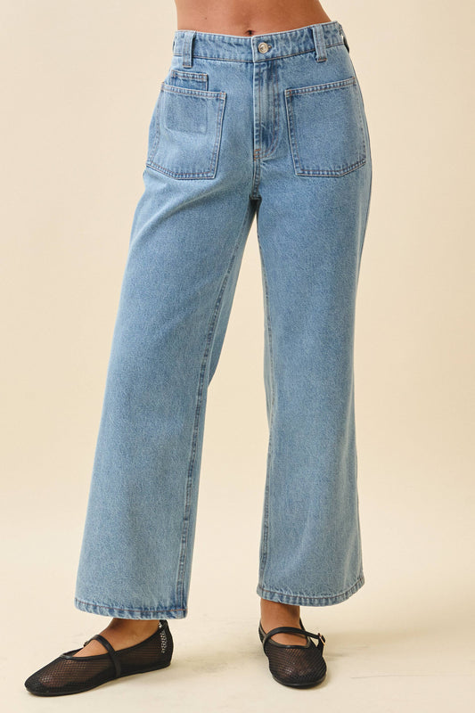 High Waist Wide Leg Denim Pants with Patch Pockets