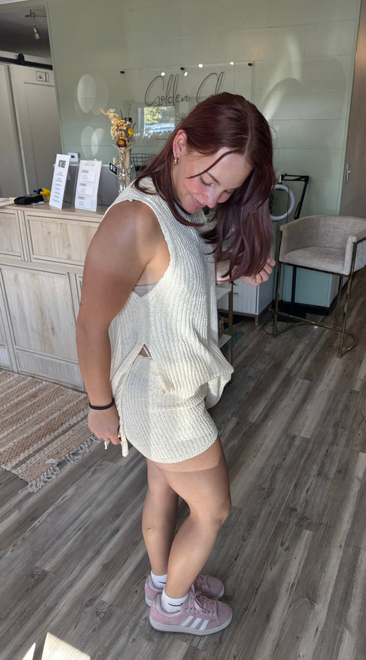 Knit Sweater Comfy Top & Shorts Set - Ecru