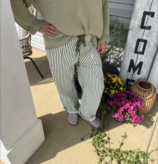 Barrel Denim Pants - Olive Stripe
