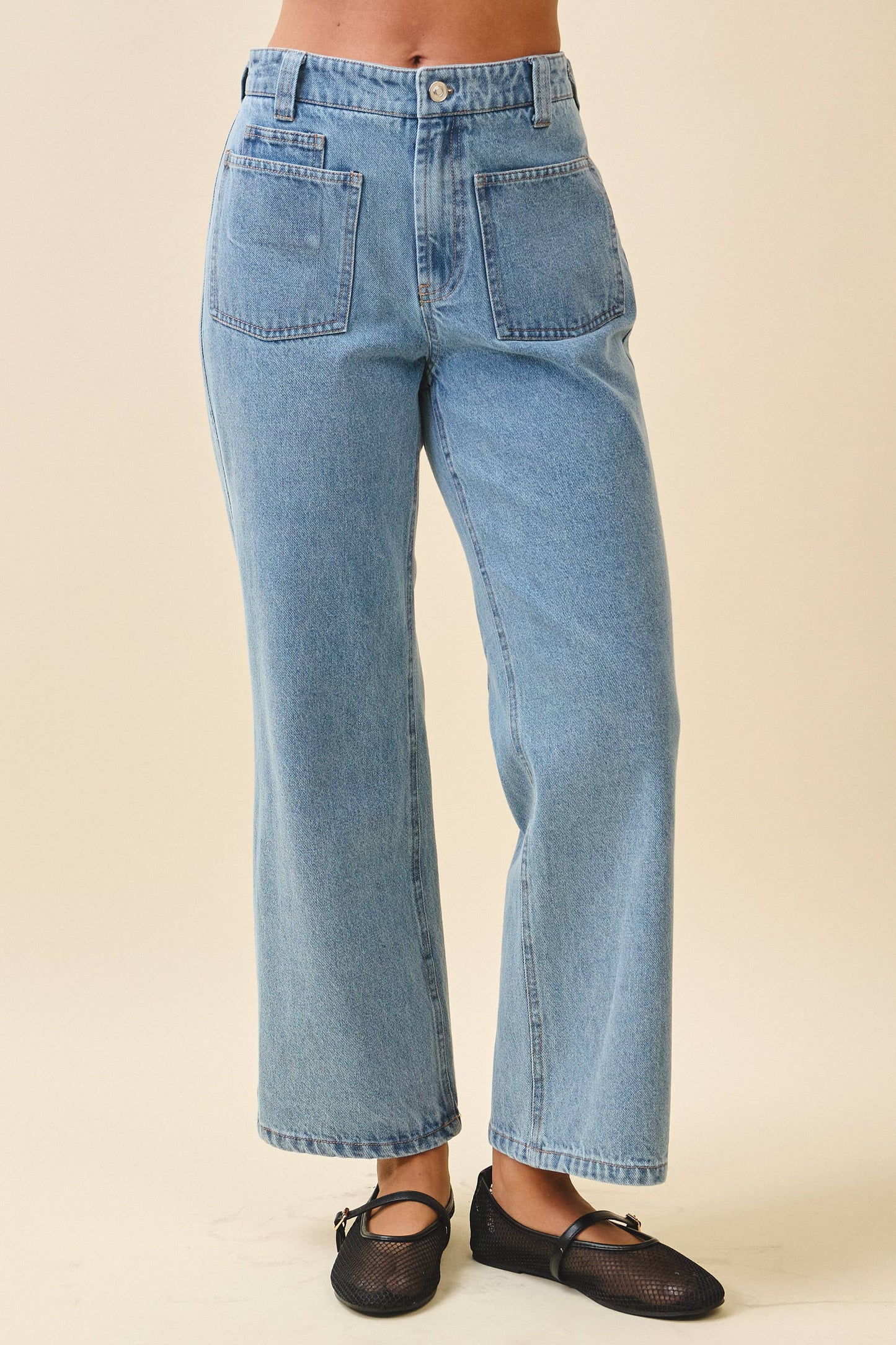 High Waist Wide Leg Denim Pants with Patch Pockets