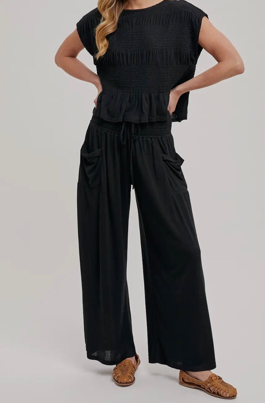 Relaxed Knit Smocked Top and Wide Pants Set - Black