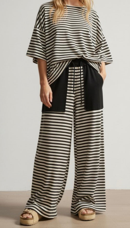 Striped Knit Lounge Set - Ivory/Black