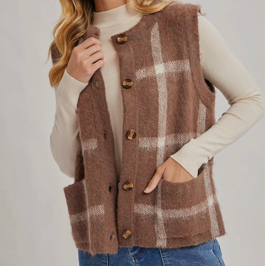 Button Down Plaid Fuzzy Knit Sweater Vest - Mocha Combo
